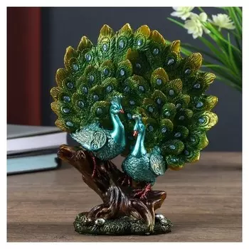 Сувенир полистоун "Два зелёных павлина на коряге с открытыми хвостами" стразы 20х7,5х16 см