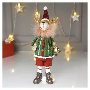 Сувенир полистоун "Лосик в зелёном свитере с колокольчиком" 27х6,5х9 см