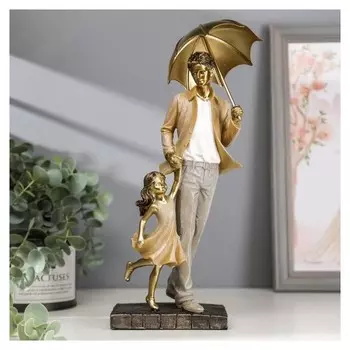 Сувенир полистоун "Папа с дочкой на прогулке под зонтом" бежевый 28х11х8 см