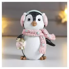 Сувенир полистоун "Пингвинёнок рико в наушниках и шарфе, с фонариком" розовый 8х4,5х6,5 см