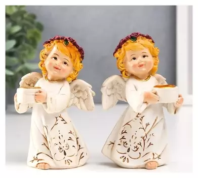 Сувенир полистоун подсвечник "Ангел в беж. платье с узором, венок из роз" 10,5х6х4,3 см 62570