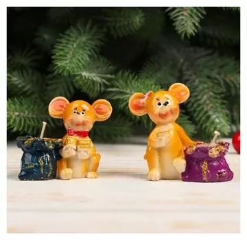 Сувенир полистоун подсвечник со свечой "Мышуля и мешок золотых монет" 4,8х6,5х2,5 см