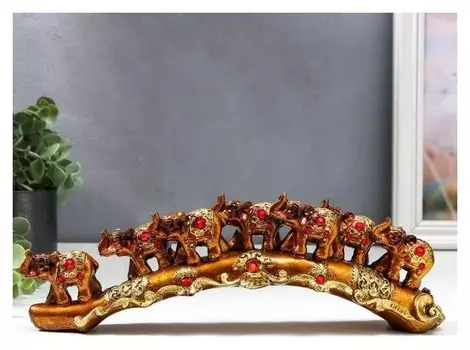 Сувенир полистоун "Семь слонов на бивне с узорами и стразами" 9х28х5,5 см