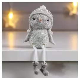 Сувенир полистоун "Серый воробышек в шапке-ушанке" длинные ножки, блеск 7,5х6х6 см