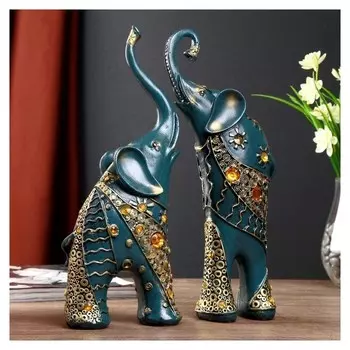 Сувенир полистоун "Синие слоны с оранжевыми стразами" набор 2 шт 28,5х21х8,3 см
