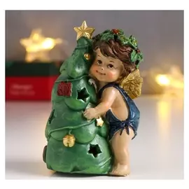 Сувенир полистоун световой "Ангел-малыш с рождественским венком, с ёлочкой" 11,2х6,5х5,3 см 625709