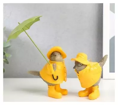 Сувенир полистоун "Воробьи в дождовиках и сапогах, с зонтом" набор 2 шт 10,5х8,5х5,5 см