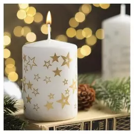 Свеча - цилиндр с узорами "Звезды", 5,6х8 см, белая с золотым