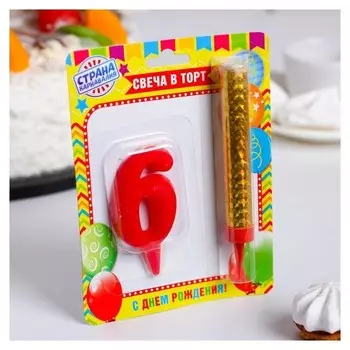 Свеча для торта Цифра 6 Овал и фонтан Цвет золотой/кранный