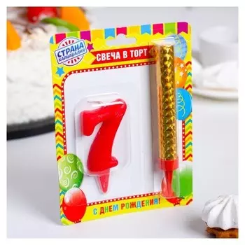 Свеча для торта Цифра 7 Овал + фонтан цвет красный