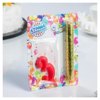 Свеча для торта цифра "Овал"красная"3" + фонтан