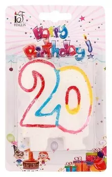 Свеча для торта с блестками Цифра 20 Ободок цветной