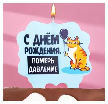 Свеча для торта "С днем рождения, померь давление", кот, 10х10 см, голубая