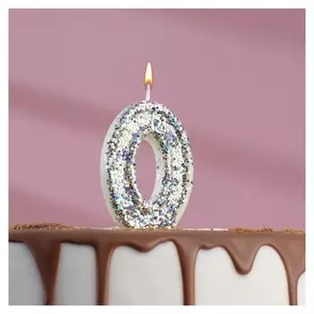 Свеча в торт «Блестки», цифра "0", серебро, 6.5х4