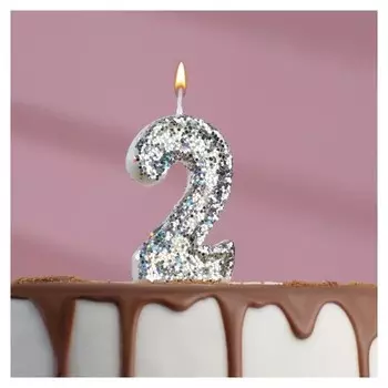 Свеча в торт «Блестки», цифра "2", серебро, 6.5х4
