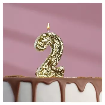 Свеча в торт «Блестки», цифра "2", золото, 6.5х4