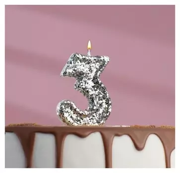 Свеча в торт «Блестки», цифра "3", серебро, 6.5х4