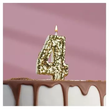Свеча в торт «Блестки», цифра "4", золото, 6.5х4