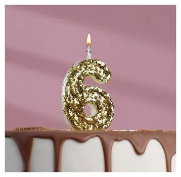 Свеча в торт «Блестки», цифра "6", золото, 6.5х4