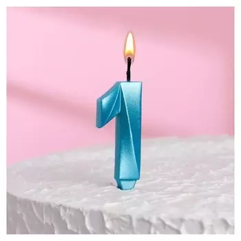 Свеча в торт "Грань", цифра"1", голубой металлик