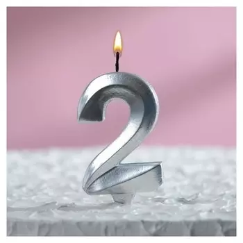 Свеча в торт "Грань", цифра"2", серебряный металлик