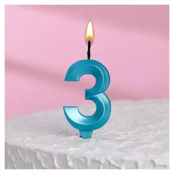 Свеча в торт "Грань", цифра"3", голубой металлик