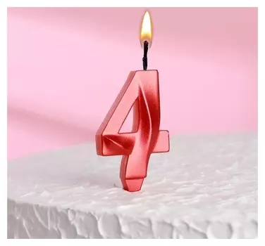 Свеча в торт "Грань", цифра"4", красный металлик