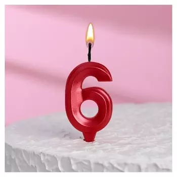 Свеча в торт "Грань", цифра"6", красный металлик