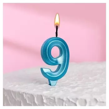 Свеча в торт "Грань", цифра"9", голубой металлик
