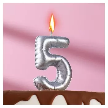 Свеча в торт "Шары", цифра 5, серебро