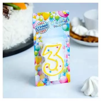 Свеча восковая для торта с блестками Цветные точки Цифра 3