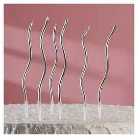 Свечи для торта "Серпантин" 6 шт, коктейльные, серебристые