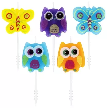 Свечи фигурные для торта на шпажках "Совы и бабочки", 5 шт., 2,5х3/2,5х2,5 см, золотая сказка, 591465