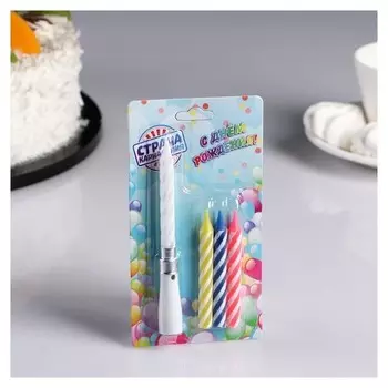 Свечи восковые для торта Яркая полоска 3 витых и музыкальная