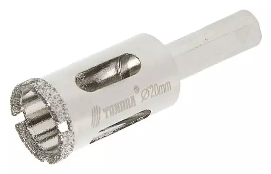 Сверло алмазное по стеклу и керамике Tundra, трехгранный хвостовик, 20 х 65 мм