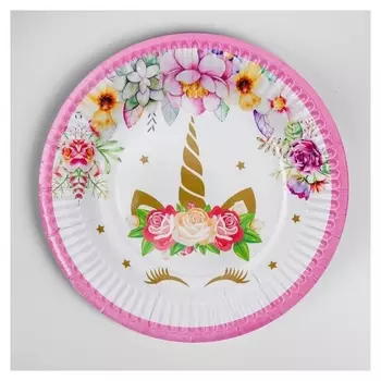 Тарелка бумажная «Единорог и цветы», набор 6 шт., цвет розовый