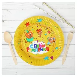 Тарелка бумажная «Три кота», 6 шт., 22 см, цвет жёлтый