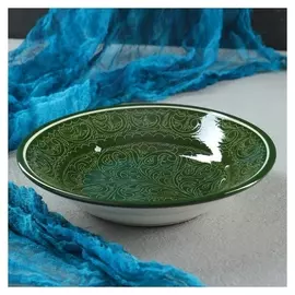 Тарелка глубокая, риштанская роспись, 20 см, зелёная
