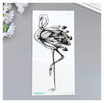 Татуировка на тело чёрная "Фламинго с перьями из листьев" 21х10 см