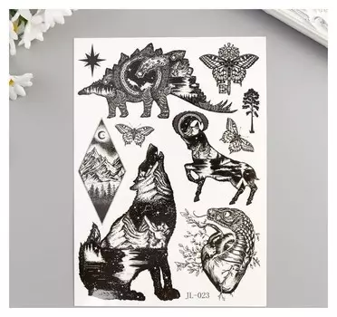 Татуировка на тело чёрная "Пейзаж и звери" 21х15 см