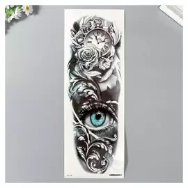 Татуировка на тело чёрная с цветом "Часы, розы и глаз" 48,5х17 см
