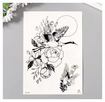 Татуировка на тело чёрная "Журавль и цветы" 21х15 см