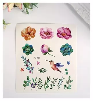 Татуировка на тело цветная "Цветы, кактусы и разнотравье" 12х10,5 см