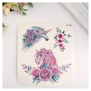 Татуировка на тело цветная "Единороги и цветы" 12х10,5 см