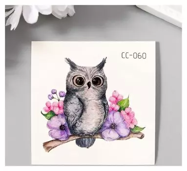 Татуировка на тело цветная "Маленький филин на ветке с цветами" 6х6 см