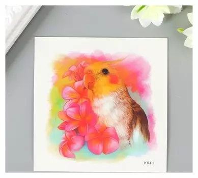 Татуировка на тело цветная "Попугай с цветами" 8х8 см