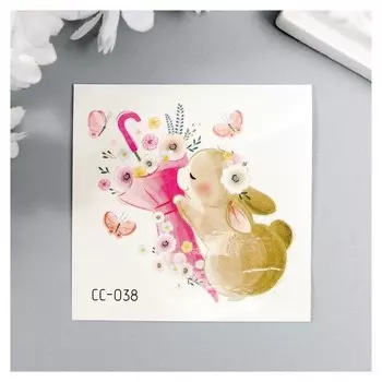 Татуировка на тело цветная "Зайка с цветочным зонтиком" 6х6 см