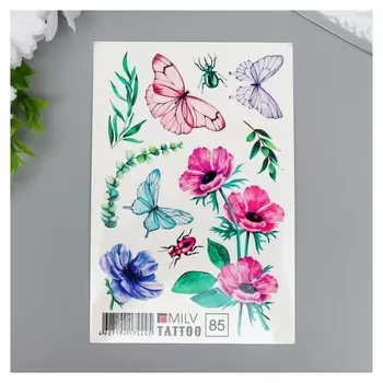 Татуировка на тело "Цветы, бабочки" 10х15 см