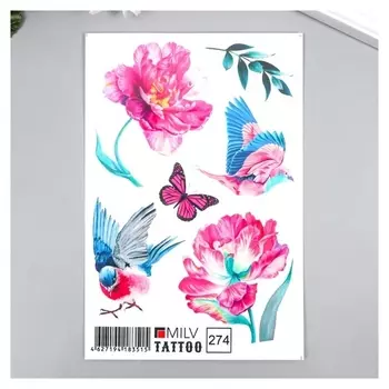 Татуировка на тело "Цветы, птицы" 10х15 см