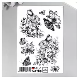 Татуировка на тело "Кролики и цветы ч/б" 10х15 см